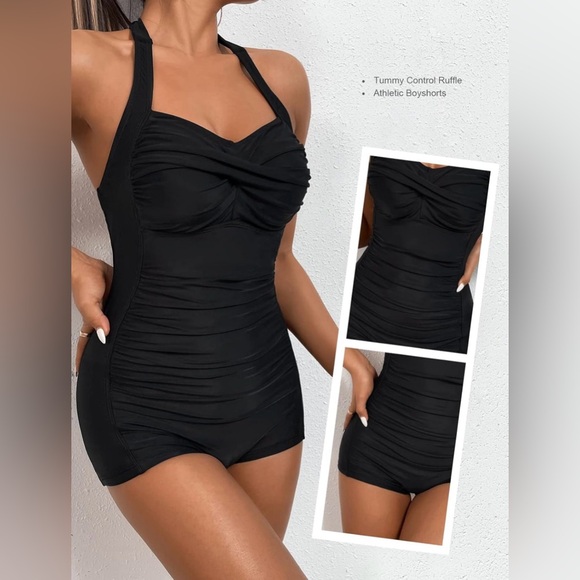 MOLYBELL Women’s Boyleg Ruched Swimsuit One Piece Bathing Suit Tummy Control - Picture 3 of 9
